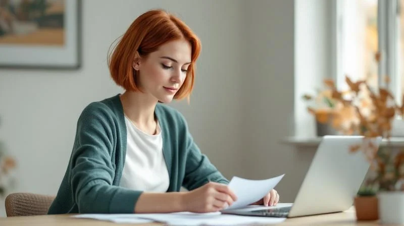 Frau am Schreibtisch mit Unterlagen und Laptop in einem hellen Raum in Oldenburg