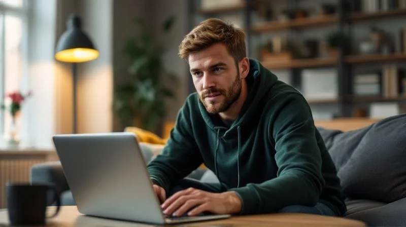 Mann lernt fuer IHK-Fortbildung am Laptop in einer modernen Wohnung in Oldenburg