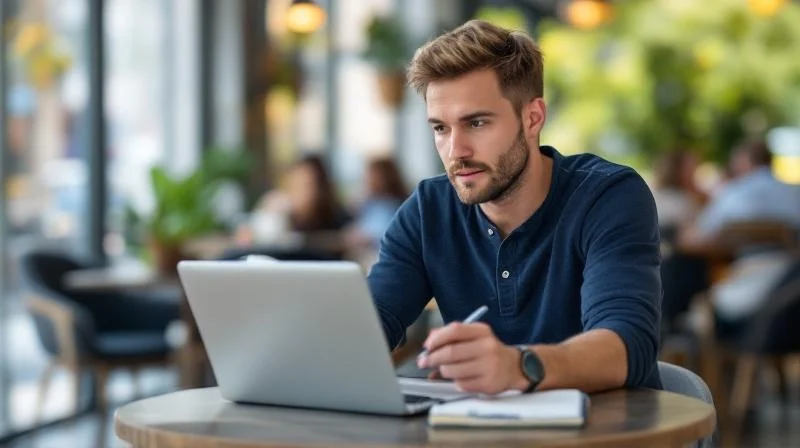 Mann mit Unterlagen in einem Cafe in Oldenburg bereitet sich auf eine IHK-Pruefung vor