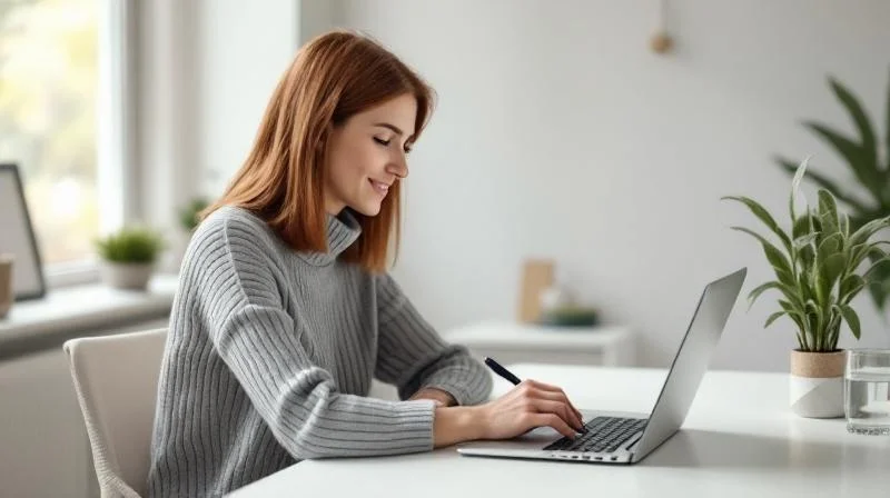 Frau lernt an einem Laptop in einem hellen modernen Coworking-Space in Oldenburg