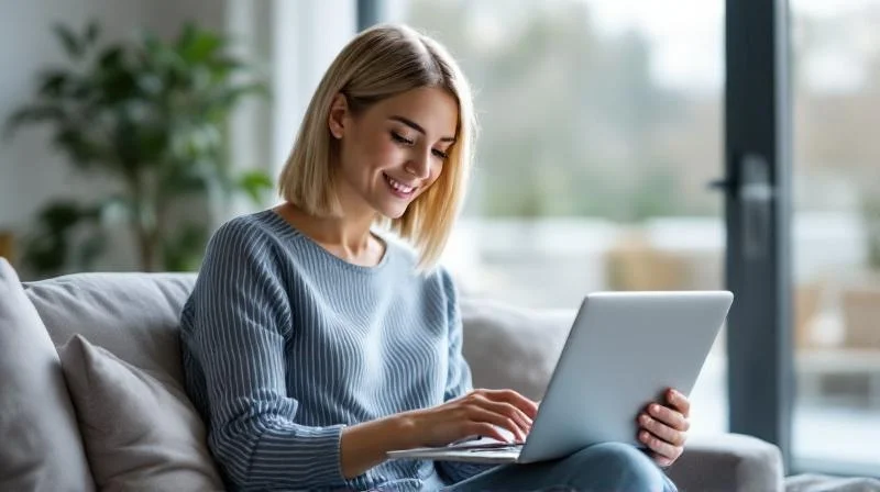 Frau absolviert KI-Weiterbildung am Laptop in einem hellen Homeoffice in Oldenburg