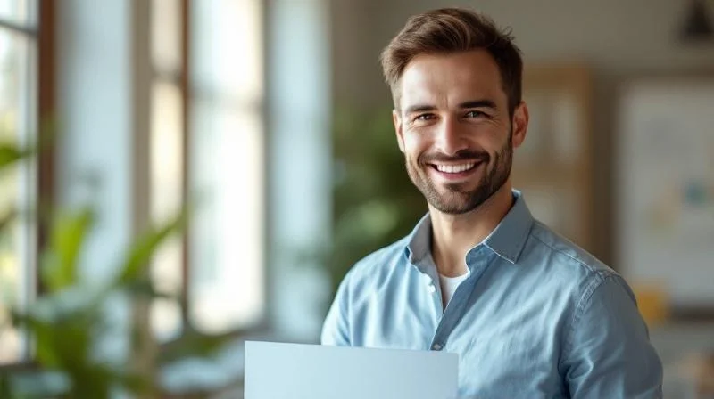 Frau haelt stolz ein IHK-Zertifikat in einem hellen Buero in Oldenburg
