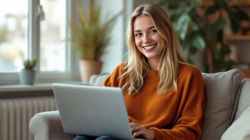 Frau am Laptop bei einer Online-Weiterbildung in einem hellen Zimmer in Oldenburg