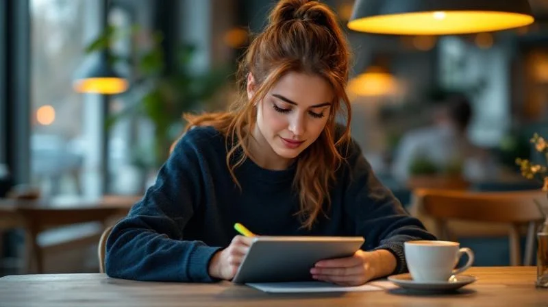 Berufstaetige Frau am Schreibtisch lernt abends fuer den Wirtschaftsfachwirt in Oldenburg